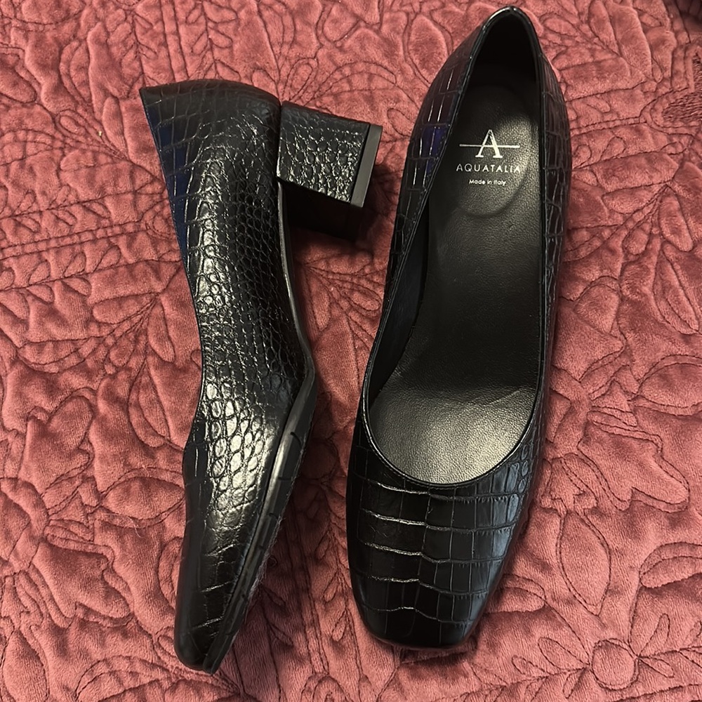 Aquatalia Pumps Croc Embossed Black Leather Waterproof Italy 💕